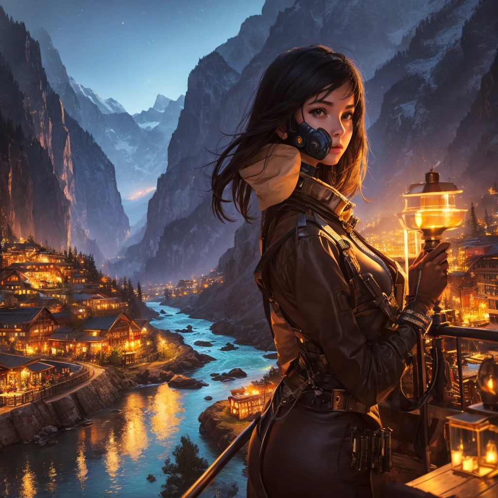 best qualityer, work of art, high resolution,, 1 girl, face detailed, Cyber cities, mountains and rivers, natta, firefly lights, realisitic,black hair,and brown eyes
