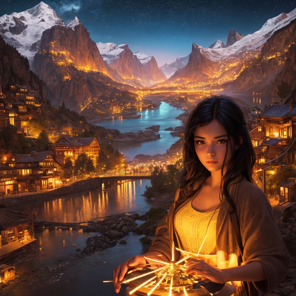 best qualityer, work of art, high resolution,, 1 girl, face detailed, Cyber cities, mountains and rivers, natta, firefly lights, realisitic,black hair,and brown eyes