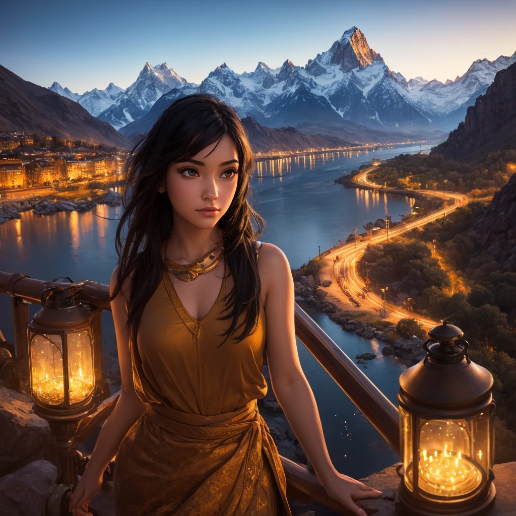 best qualityer, work of art, high resolution,, 1 girl, face detailed, Cyber cities, mountains and rivers, natta, firefly lights, realisitic,black hair,and brown eyes