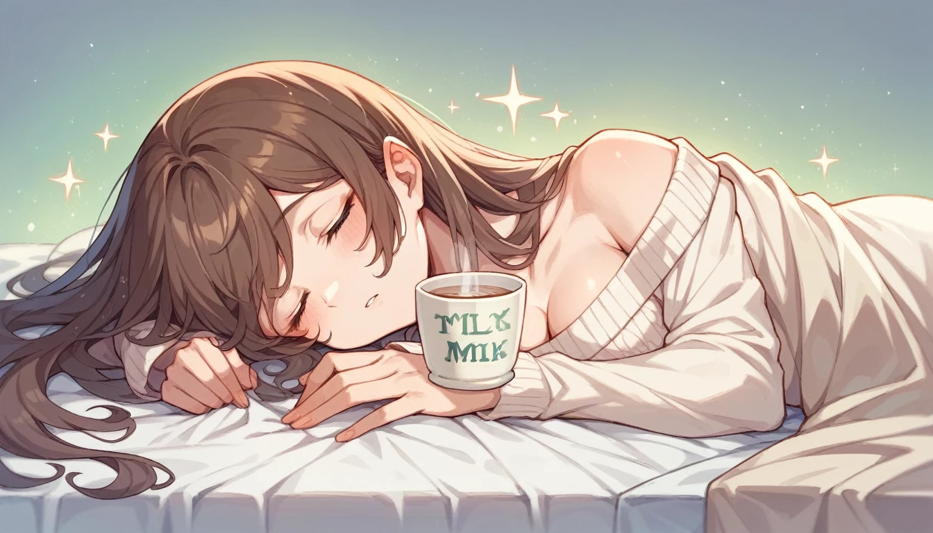This image is、It depicts a beautiful fairy sleeping against a nighttime background.。Her hair is the color of royal milk tea、Long hair is shiny and glossy。Her eyes are brown and、It's happily closed。She is wearing a thin dress、Lying in a graceful position。All around in darkness、The presence of fairies is more prominent。
