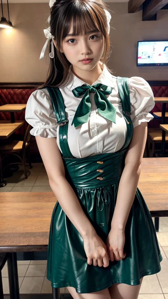 masterpiece, best quality, illustration, Super detailed, fine details, High resolution, 8K,wall paper, perfect dynamic composition, front view, close up, 18 year old girl, Gravure Idol, cute type, (Details High quality, realistic depiction of eyes:1.3), revealing clothes, low ponytail, bangs, black hair color, Dark makeup, Big Natural Color Lip, Emphasize the size of the breast, sexy body, perfect body shape, plump figure, (huge breasts:1.1), Black leather jacket, BREAK (fusion of dirndl and short sleeve white collared-shirt with neck ribbon:1.4), ((A-line, underboobs, puff sleeves):1.3), ((deep-green Pinafore):1.3), thighs skin, Restaurant, Serving customers inside the restaurant.