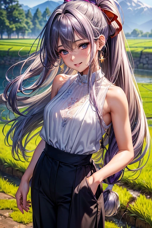#Basics A girl is posing for a photo, animeのかわいい女の子, (((One Girl, Baby Face, Young girl, 16 years old))),
BREAK
#Clothing Accessories
(Black sleeveless shirt:1.4 + (Matte Red(Knee-length)Wide-leg trousers:1.4) + sneakers), (Silver Necklace, Silver Earrings),
BREAK
#Features
((Violet Hair:1.4), Chest-length sideburns:1.4, Curly hair:1.4, (ponytail : Long Hair + Full and voluminous hair + Large black ribbon)),
(Droopy eyes, blue eyes, Big eyes), (Small breasts),
BREAK
#background environment
((noon, Sunlit countryside road:1.4, Paddy field + Waterwheel)),
#Facial Expression Pose
((Wicked Smile), (Are standing)),
#composition
((Face the camera, Angle from the front, Cowboy Shot:1.4)),
BREAK
#Body parts elements
(Detailed hair, Beautiful Hair, Shiny Hair),
(double eyelid, Long eyelashes),
(Expression of fine eyes, Beautiful and delicate eyes, Sparkling eyes, Eye Reflexes, Glitter Eyeliner),
(Human Ear),
(Beautiful Nose, Thin Nose),
(Glossy lips, Beautiful Lips, Thick lips, Glossy Lips, Natural Cheeks),
(Detailed face, Symmetrical facial features),
(Detailed skin, Textured skin, Beautiful Skin, Shiny skin),
BREAK
#Quality
(((Highest quality)), ((masterpiece)), ((Very detailed))), ((High resolution), (16K,1080P)),
(Realistic), (Anatomically correct),
((comics, anime)), (3DCG), CG illustration,