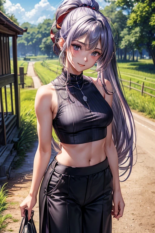 #Basics A girl is posing for a photo, animeのかわいい女の子, (((One Girl, Baby Face, Young girl, 16 years old))),
BREAK
#Clothing Accessories
(Black sleeveless shirt:1.4 + (Matte Red(Knee-length)Wide-leg trousers:1.4) + sneakers), (Silver Necklace, Silver Earrings),
BREAK
#Features
((Violet Hair:1.4), Chest-length sideburns:1.4, Curly hair:1.4, (ponytail : Long Hair + Full and voluminous hair + Large black ribbon)),
(Droopy eyes, blue eyes, Big eyes), (Small breasts),
BREAK
#background environment
((noon, Sunlit countryside road:1.4, Paddy field + Waterwheel)),
#Facial Expression Pose
((Wicked Smile), (Are standing)),
#composition
((Face the camera, Angle from the front, Cowboy Shot:1.4)),
BREAK
#Body parts elements
(Detailed hair, Beautiful Hair, Shiny Hair),
(double eyelid, Long eyelashes),
(Expression of fine eyes, Beautiful and delicate eyes, Sparkling eyes, Eye Reflexes, Glitter Eyeliner),
(Human Ear),
(Beautiful Nose, Thin Nose),
(Glossy lips, Beautiful Lips, Thick lips, Glossy Lips, Natural Cheeks),
(Detailed face, Symmetrical facial features),
(Detailed skin, Textured skin, Beautiful Skin, Shiny skin),
BREAK
#Quality
(((Highest quality)), ((masterpiece)), ((Very detailed))), ((High resolution), (16K,1080P)),
(Realistic), (Anatomically correct),
((comics, anime)), (3DCG), CG illustration,