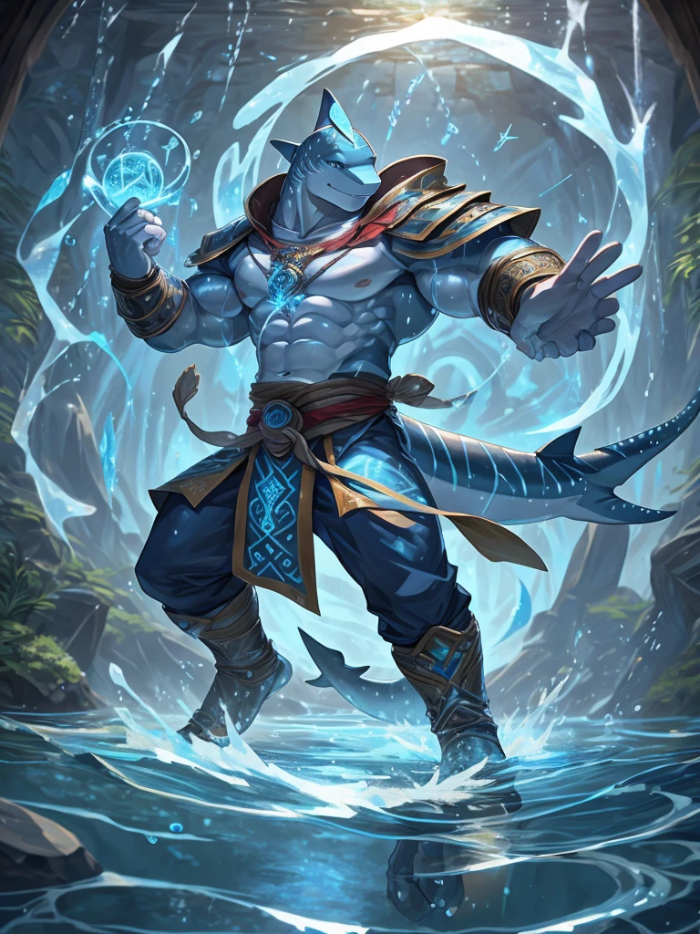 masterpiece, Anthropomorphic whale shark, White belly,the of beautiful shark body,1 tail, very muscular body, nice body shape,Water magic,water runes, Water system, bender, ((martials art cloth)), fighting pose, correct body proportions