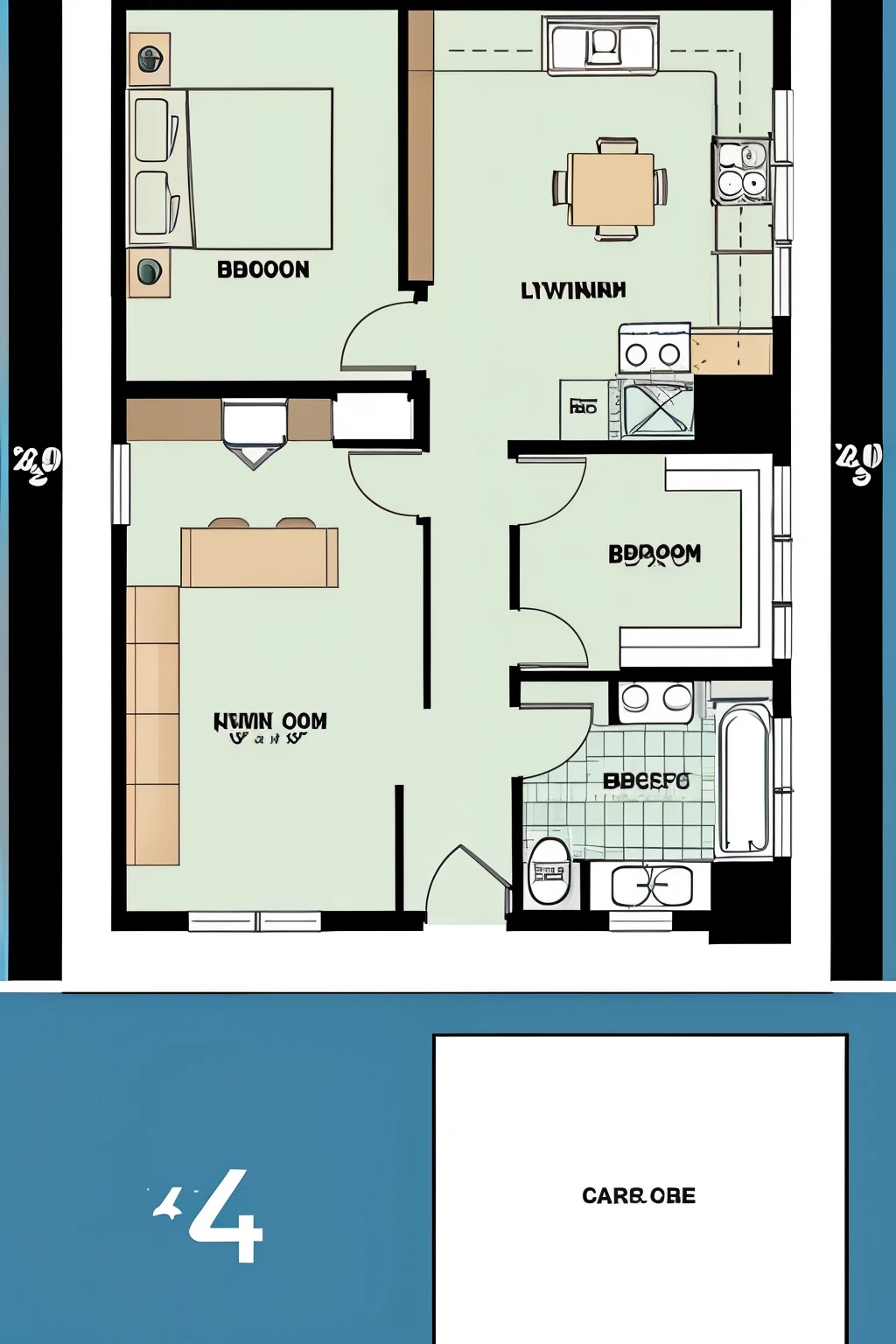 A plan of a 3 x 3 room with a bathroom and closet included in that room