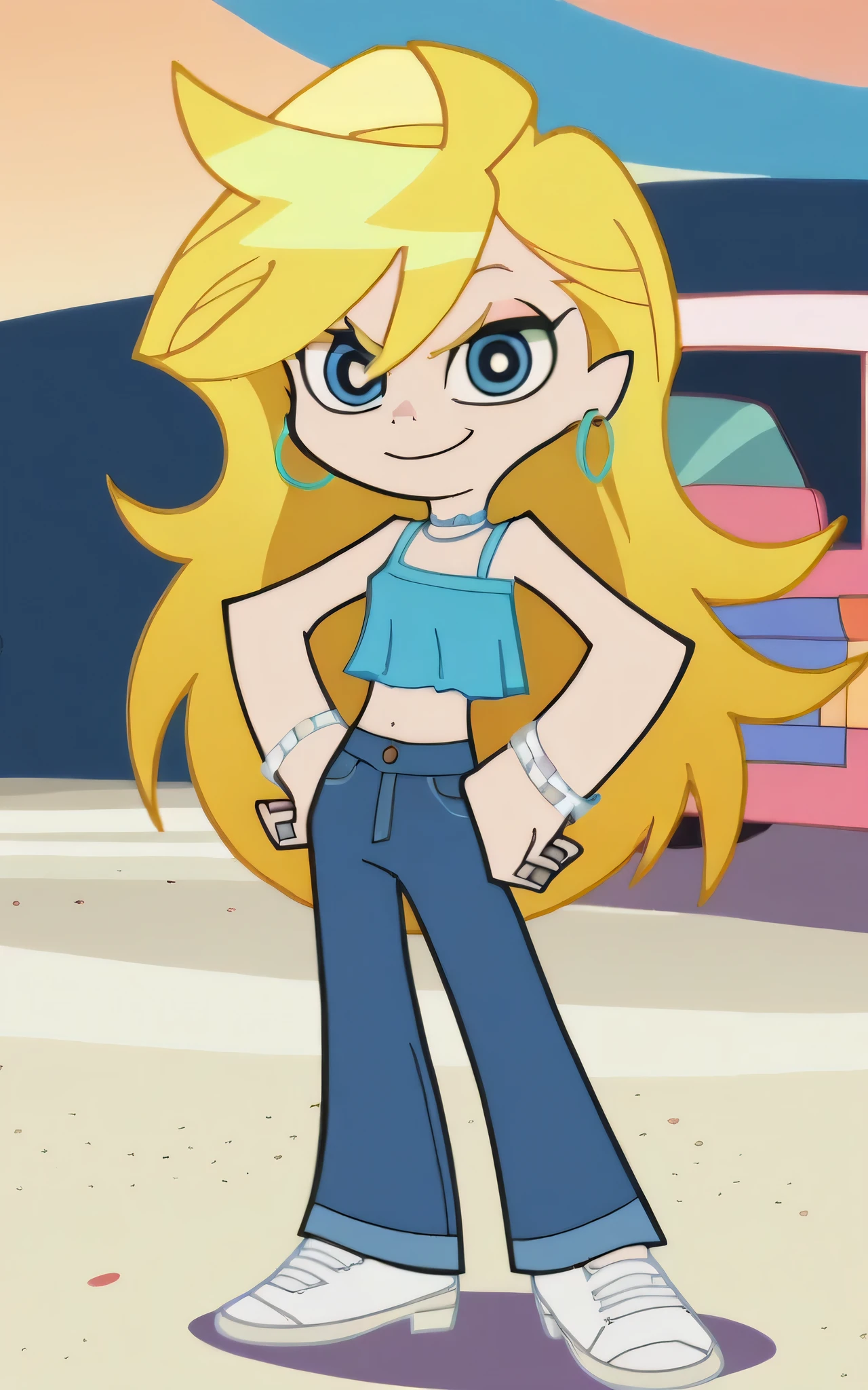 p&s style, rating_safe, score_10, sharp, anime screencap, flat shadows, flat colors, panty, 1girl, midriff, upper body, choker, smile, jewelry, blonde hair, standing, earrings, shoes, pants, blue eyes, aqua ruffle crop top, denim, blue nails, jeans, hoop earrings, blue pants, beach background, looking at viewers, solo, white shoes, full body, hands on hip
