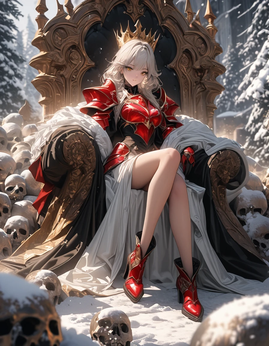 Full body portrait，Low Angle View，A sexy and charming woman sits on a magnificent huge throne on a pile of skulls，Wearing gorgeous and exquisite accessories and heavy black and red armor，Golden crown，gem，Luminescence，Luminescence特效，Bronzed skin，Golden Eyes，Snow-white hair，Long legs，Boots，Oil painting effect，Snapshot aesthetic style ， Extreme detail，Rich details，OC Renderer，8K，Super Fine，Hyperrealism，masterpiece，Rich in details