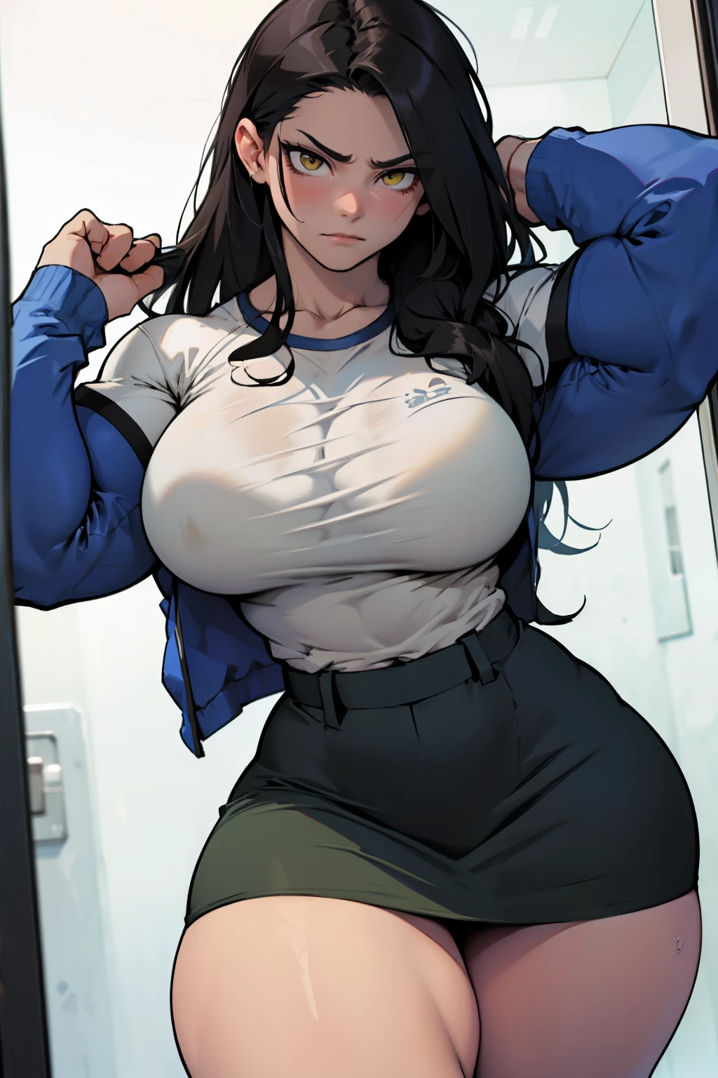 huge muscles huge breasts huge thighs pale skin black hair yellow eyes very long hair muscular girl sad expressionless plated skirt long sleeve tight t-shirt