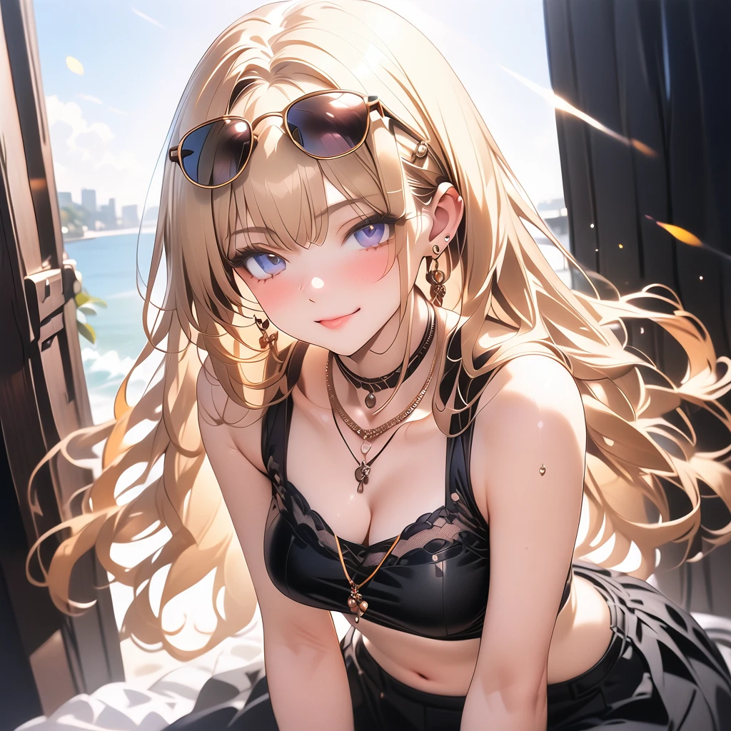 a mature woman dressed in a punk style with the fingers to her side, 1girl, solo, skirt, navel, long hair, midriff, eyewear on head, jewelry, looking at viewer, blonde hair, necklace, masterpiece, best quality, very aesthetic, absurdres, newest, ai-generated, intricate, sharp focus, perfect hands, perfect face, perfect eyes, perfect light, dynamic light, natural light