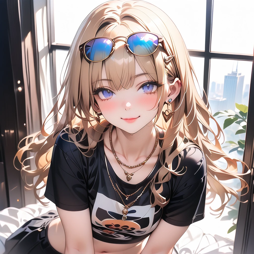 a mature woman dressed in a punk style with the fingers to her side, 1girl, solo, skirt, navel, long hair, midriff, eyewear on head, jewelry, looking at viewer, blonde hair, necklace, masterpiece, best quality, very aesthetic, absurdres, newest, ai-generated, intricate, sharp focus, perfect hands, perfect face, perfect eyes, perfect light, dynamic light, natural light