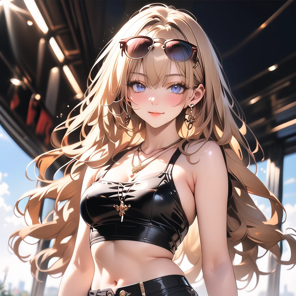 a mature woman dressed in a punk style with the fingers to her side, 1girl, solo, skirt, navel, long hair, midriff, eyewear on head, jewelry, looking at viewer, blonde hair, necklace, masterpiece, best quality, very aesthetic, absurdres, newest, ai-generated, intricate, sharp focus, perfect hands, perfect face, perfect eyes, perfect light, dynamic light, natural light