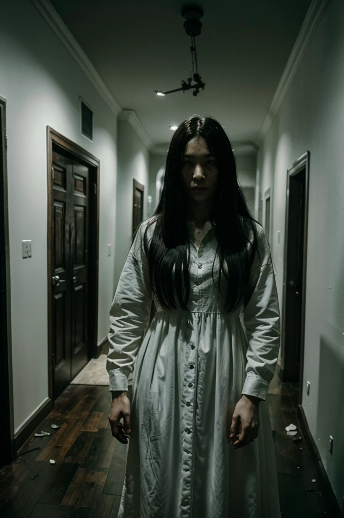 arafed woman in a white dress standing in a room with pictures on the wall, the ring movie, the ring, film still from a horror movie, portrait of sadako of the ring, horror movie scene, film still from horror movie, still from horror movie, horror movie still, horror film still, the grudge, horror movie aesthetic, horror film, creepy, terrifying, 4k ultra detailed, scary, dark abandoned haunted house, creepypasta, horror stories, supernatural, scary tales, paranormal, ghost stories, horror narration, creepy narration, horror podcasts, terror tales, creepy chronicles, haunted house, spooky stories, horror fiction, supernatural stories, horror literature, long wide camera shot