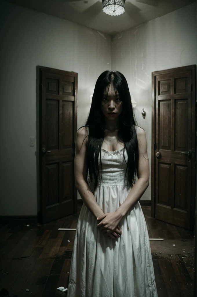 arafed woman in a white dress standing in a room with pictures on the wall, the ring movie, the ring, film still from a horror movie, portrait of sadako of the ring, horror movie scene, film still from horror movie, still from horror movie, horror movie still, horror film still, the grudge, horror movie aesthetic, horror film, creepy, terrifying, 4k ultra detailed, scary, dark abandoned haunted house, creepypasta, horror stories, supernatural, scary tales, paranormal, ghost stories, horror narration, creepy narration, horror podcasts, terror tales, creepy chronicles, haunted house, spooky stories, horror fiction, supernatural stories, horror literature, long wide camera shot