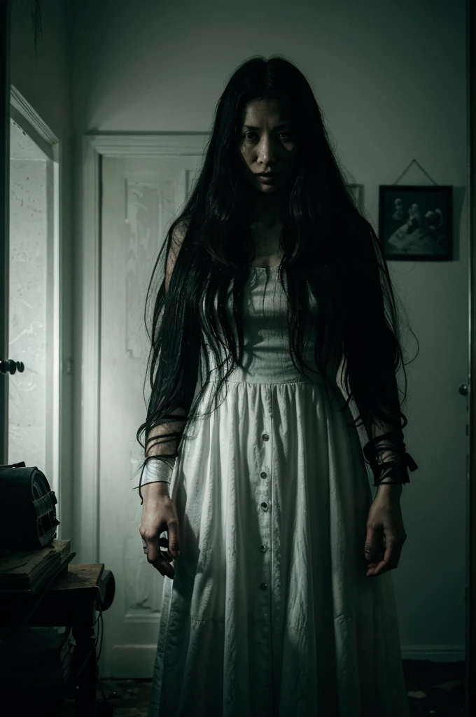 arafed woman in a white dress standing in a room with pictures on the wall, the ring movie, the ring, film still from a horror movie, portrait of sadako of the ring, horror movie scene, film still from horror movie, still from horror movie, horror movie still, horror film still, the grudge, horror movie aesthetic, horror film, creepy, terrifying, 4k ultra detailed, scary, dark abandoned haunted house, creepypasta, horror stories, supernatural, scary tales, paranormal, ghost stories, horror narration, creepy narration, horror podcasts, terror tales, creepy chronicles, haunted house, spooky stories, horror fiction, supernatural stories, horror literature, long wide camera shot