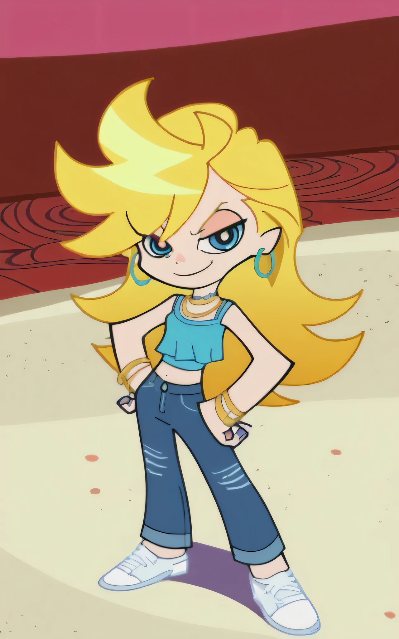p&s style, rating_safe, score_10, sharp, anime screencap, flat shadows, flat colors, panty, 1girl, midriff, upper body, choker, smile, jewelry, blonde hair, standing, earrings, shoes, pants, blue eyes, aqua ruffle crop top, denim, blue nails, jeans, hoop earrings, blue pants, beach background, looking at viewers, solo, white shoes, full body, hands on hip