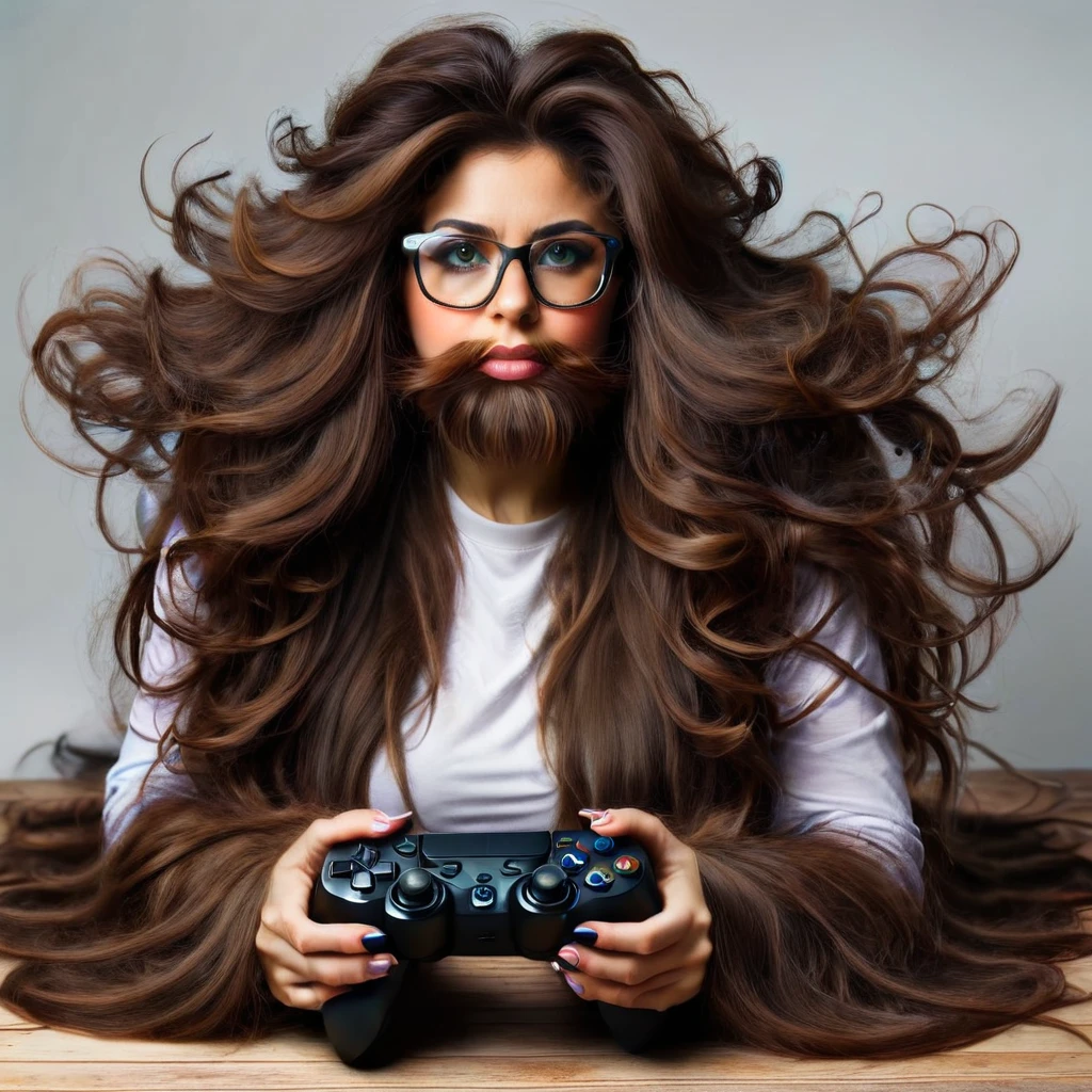 
bearded woman, long frizzy brown hair, wears glasses, geek nerd, plays video games