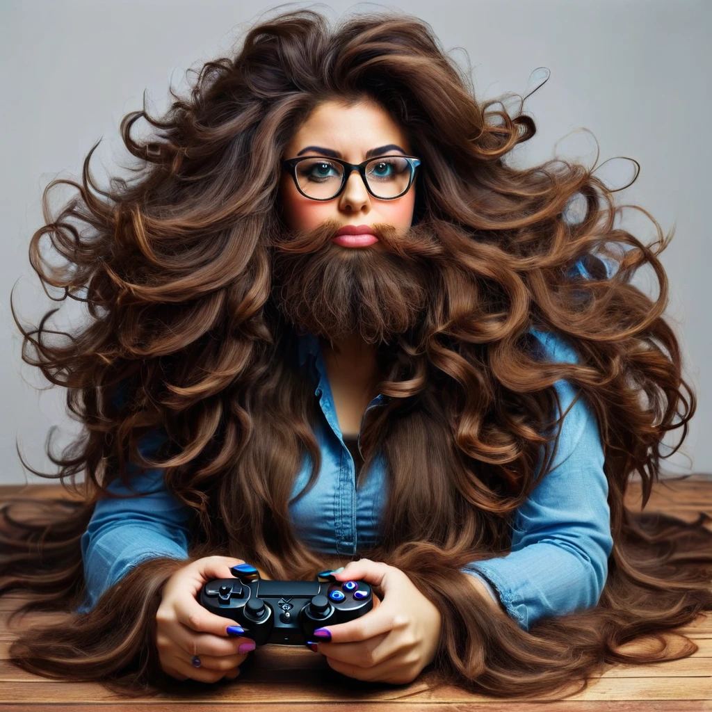 
bearded woman, long frizzy brown hair, wears glasses, geek nerd, plays video games