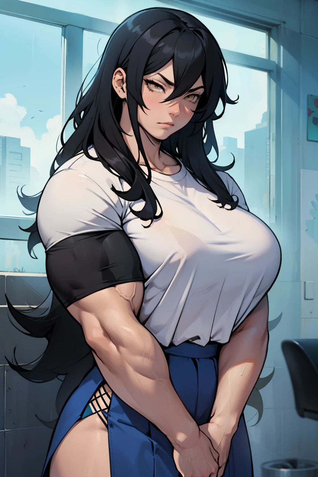 huge muscles huge breasts huge thighs pale skin black hair yellow eyes very long hair muscular girl sad expressionless plated skirt over-sized shirt hair flaps hair between eyes very long hair