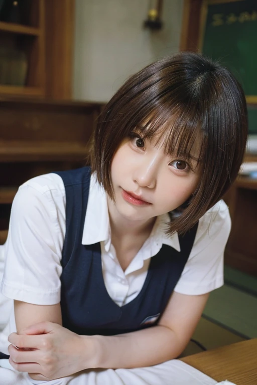 best quality, face focus, soft light, ultra high res, (photorealistic:1.4), RAW photo, 1japanese girl, solo, cute, (shy smile:0.5), (brown eyes, lights in the eyes), detailed beautiful face, (small chest),(high resolution detail of human skin texture), (short bob hair), BREAK, in classroom,navy , vest, skirt
