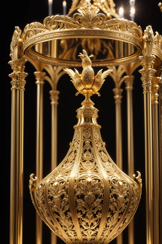 A luxurious and extravagant 3D gold trophy, with the written phrase 'Duelo de Cantores' displayed prominently. The Portuguese words are meticulously crafted using intricate scrollwork and are encrusted with sparkling diamonds. The trophy has an elongated shape, with a base that supports a slender column topped by a statuette of a singing bird. The overall effect is one of opulence and elegance, perfect for celebrating a prestigious singing competition.
