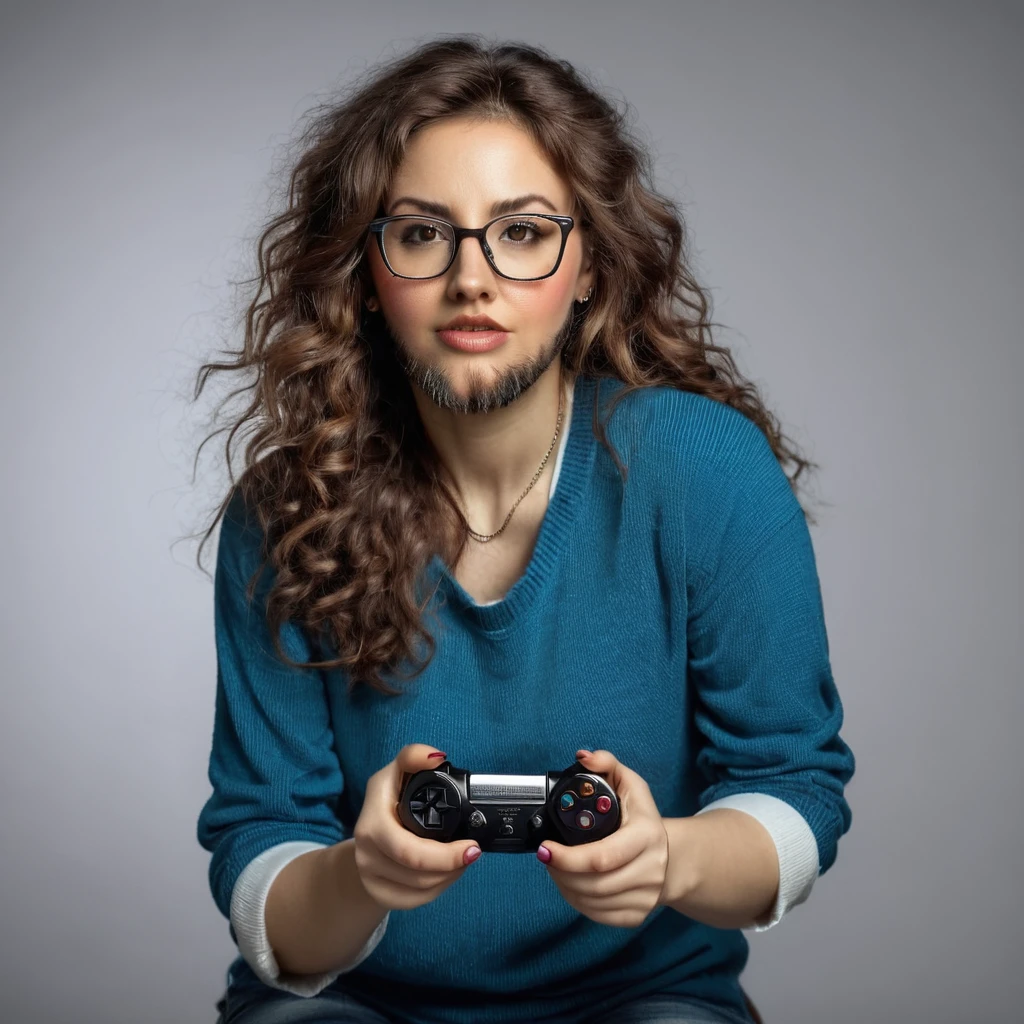 
bearded woman, long frizzy brown hair, wears glasses, geek nerd, plays video games