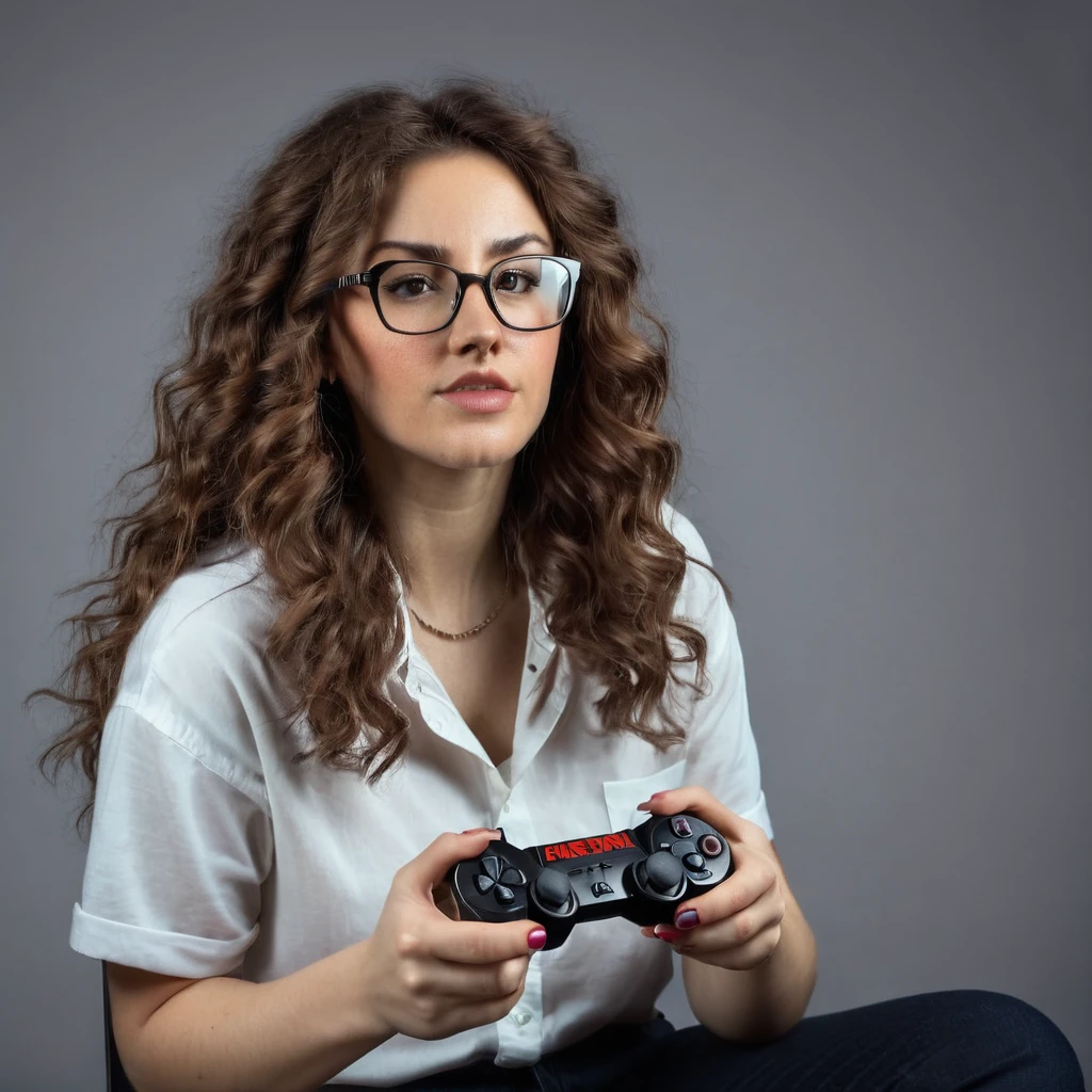 
bearded woman, long frizzy brown hair, wears glasses, geek nerd, plays video games