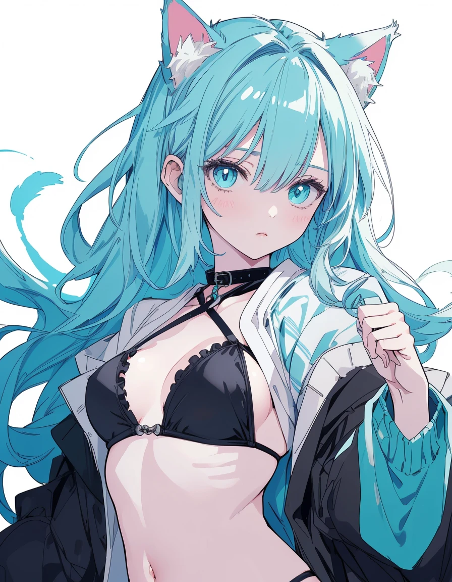 Japanese Samurai, black bikini, long big katana, ((masterpiece, best quality:1.5)), ((Beautiful detailed cat aqua eyes:1.2)), cat ears, pale skin, medium breasts, beautiful hands, beautiful fingers, EasyNegative