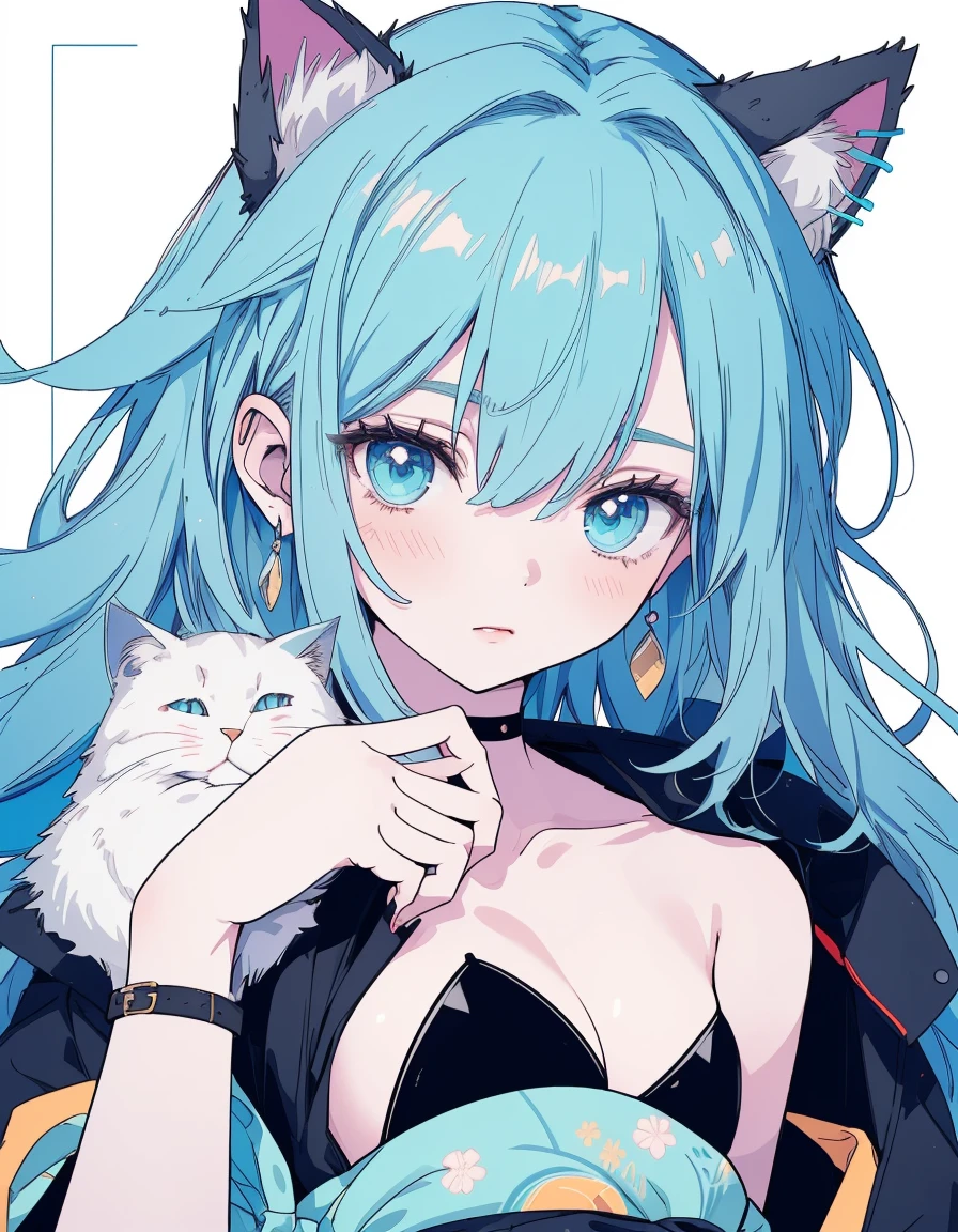 Japanese Samurai, black bikini, long big katana, ((masterpiece, best quality:1.5)), ((Beautiful detailed cat aqua eyes:1.2)), cat ears, pale skin, medium breasts, beautiful hands, beautiful fingers, EasyNegative