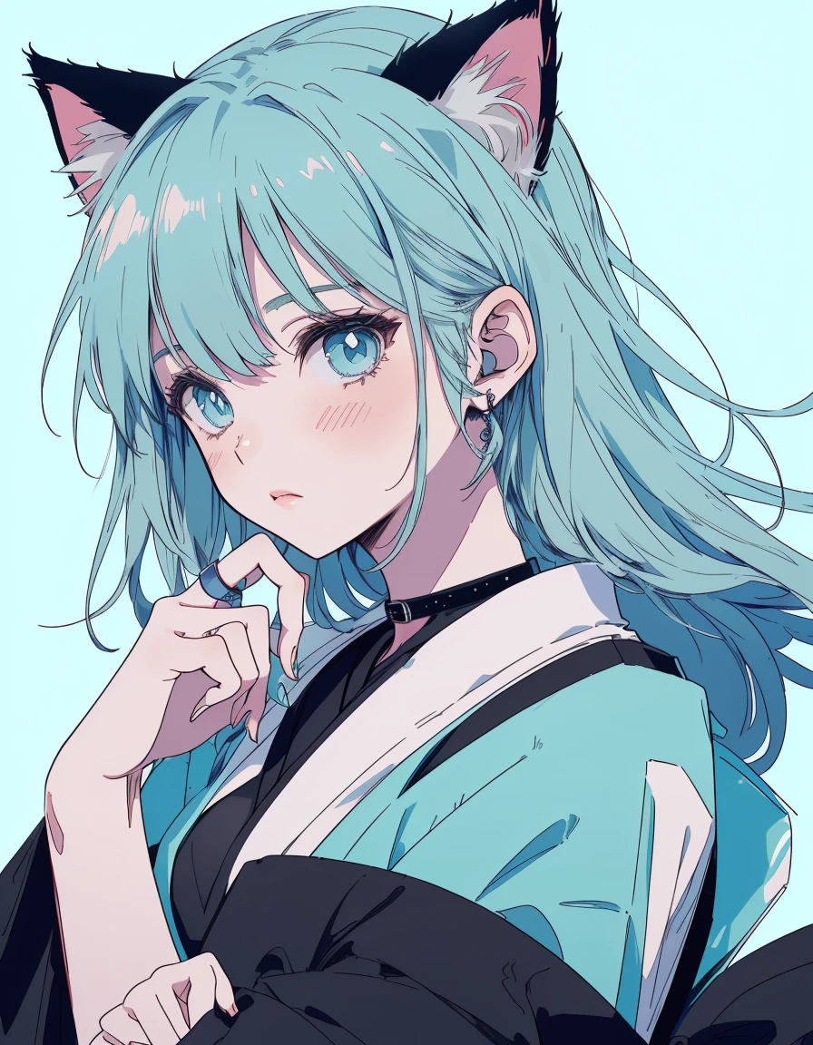 Japanese Samurai, black bikini, long big katana, ((masterpiece, best quality:1.5)), ((Beautiful detailed cat aqua eyes:1.2)), cat ears, pale skin, medium breasts, beautiful hands, beautiful fingers, EasyNegative