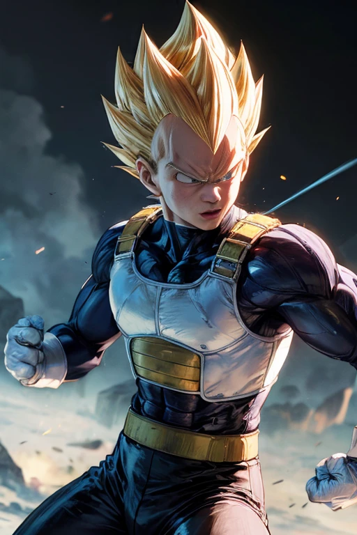 (masterpiece, best quality: 1.2), solo, male focus, 1boy, vegeta, furious, fighting pose, bruised, looking at the viewer, blonde hair spiked, black eyes, armor, white gloves, (ultra realistic , ultra photorealism)