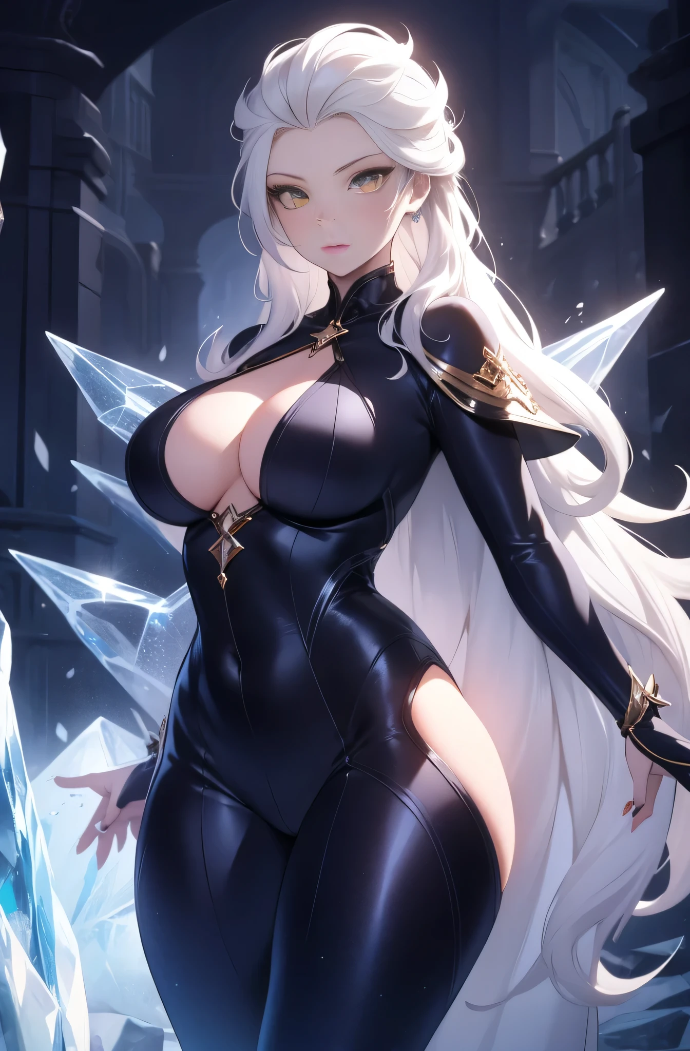 female, solo, young, sexy body, voluptuous figure, tightsuit, white hair, decolored blonde hair, ice effects around, ice queen, beautifull face, long hair, defined body, yellow and bright eyes, thick legs, strong legs, tall, Voluptuous legs, huge ass, big hip, big ass, female sorcerer, blue and black robes,