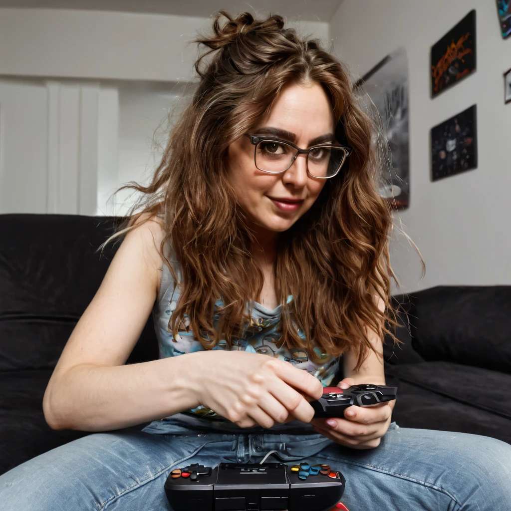 
bearded woman, long frizzy brown hair, wears glasses, geek nerd, plays video games