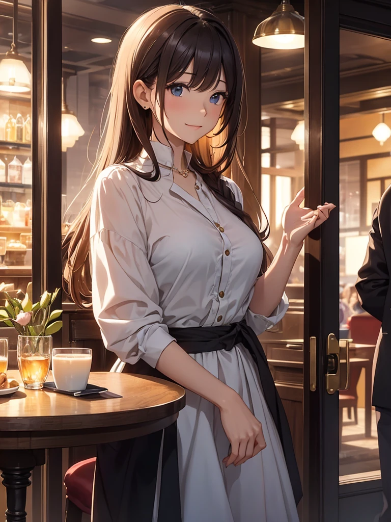 (​masterpiece、top-quality、hight resolution), A scene depicting a meetup arranged through a dating site. The protagonist is surprised to see a gentle and elegant married woman approaching them. She is dressed in high-quality, sophisticated clothing, and with a warm smile, she calls out to the protagonist using their dating site username. They are in a cozy café or a park, with a feeling of unexpectedness and a hint of awkwardness in the air.