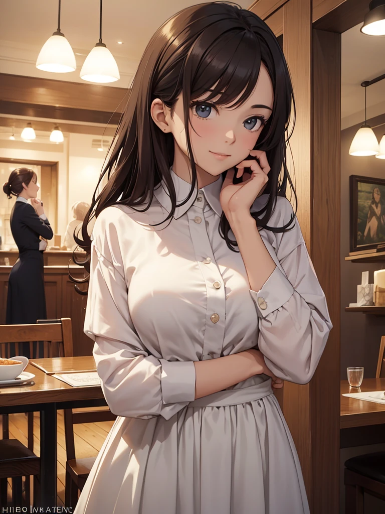 (​masterpiece、top-quality、hight resolution), A scene depicting a meetup arranged through a dating site. The protagonist is surprised to see a gentle and elegant married woman approaching them. She is dressed in high-quality, sophisticated clothing, and with a warm smile, she calls out to the protagonist using their dating site username. They are in a cozy café or a park, with a feeling of unexpectedness and a hint of awkwardness in the air.