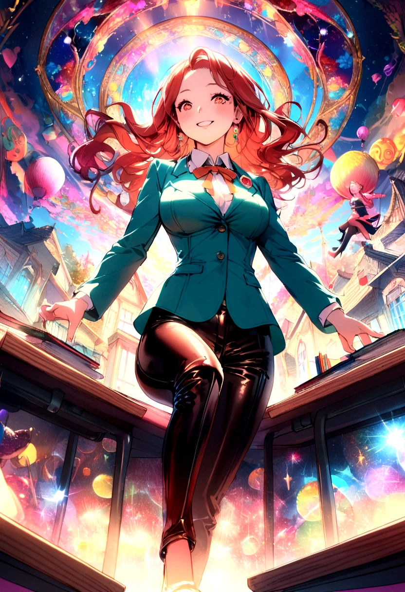 40 years old Woman Redhead Teacher Leather pants Classroom Desk