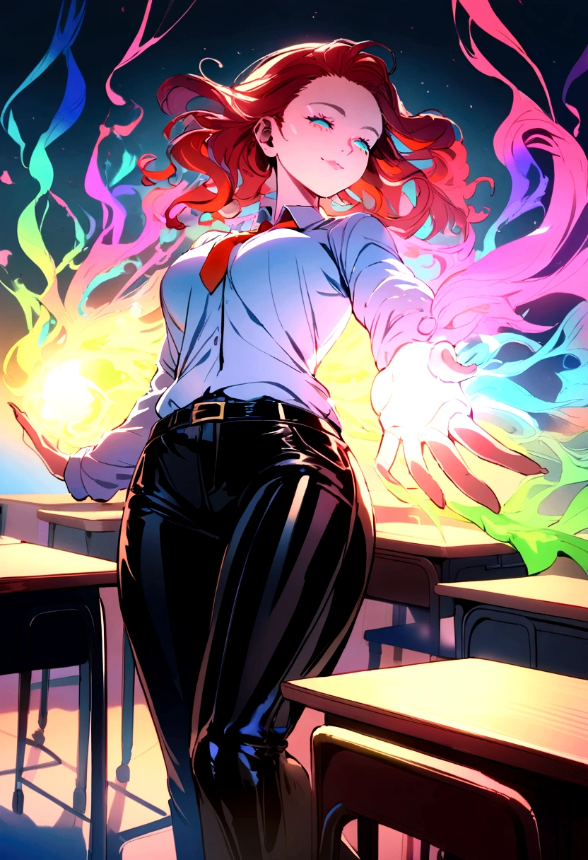 40 years old Woman Redhead Teacher Leather pants Classroom Desk