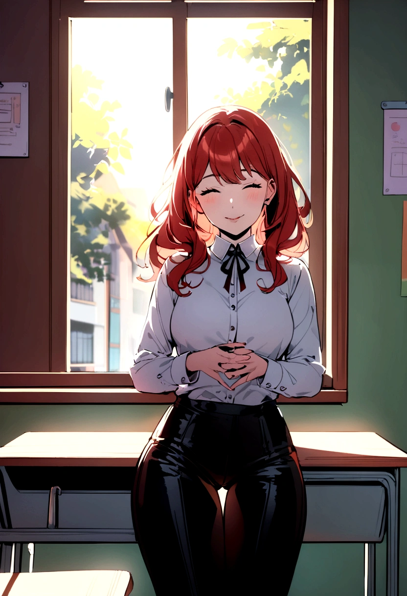 40 years old Woman Redhead Teacher Leather pants Classroom Desk