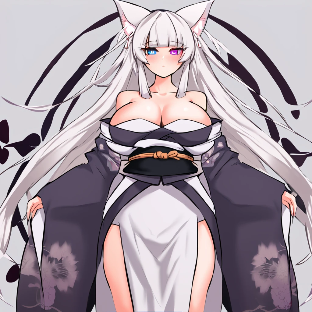 beautiful white neko, long white neko ears, white neko tail, anime style, purple eye, blue eye, big breasts, extremely detailed eyes and face, Wearing White and Black Open Shoulders Kimono, white long hair, heterochromia, wide waist, mature woman, black small beauty mark under right eye
