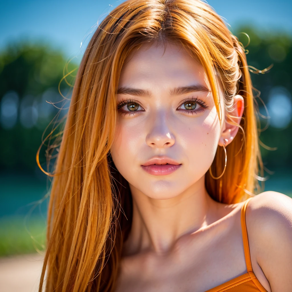 ((masterpiece)), ((best quality)), (portrait of beautiful girl), perfect detailed eyes, perfect detailed face, ultra-detailed nose, open mouth, radom color shorts, perfect teeth, bare shoulders, charming, perfect face, dimple on cheek, depth of field, highres, ((real skin texture)), (well-proportionedu hands), thin lips, random color hair, floating multicolored hair, thin waist, orange pastel background