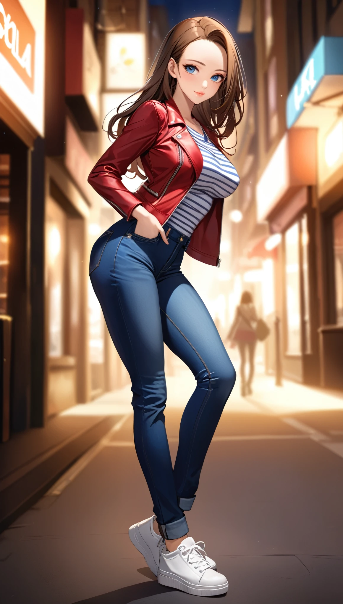best quality, highres, 8k, masterpiece, immersive atmosphere, chiaroscuro:(1.5, bright light:1.2, luminous lighting), blurring, (background blur:1.5),
(dynamic angle, seductive pose:1.2), downtown, (legs focus, full body:1.5), delicate features, (beautiful face, beautiful eyes, beautiful legs), not safe for work, (opaque:1.5), high contrast, SDXL,
1girl, (25 years old:1.5), white skin, blue eyes, dark brown hair, straight hair, long hair, (forehead:1.5), bright lips, seductive smile, (slender figure:1.1), red leather jacket, (black and white striped shirt:1.2), large breats, hard nipples, (jeans pants:1.4, blue jeans:1.4, skinny pants:1.2), (white sneakers:1.2),