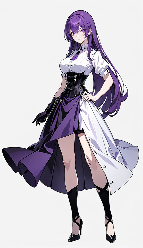 Purple Hair,Long Hair,Adult female,White Y-shirt,((Roll up her sleeves)),(((Roll up your sleeves))),(corset),(Black tight skirt),(High heels),((A simple, blank white background)),smile,((full body)),((whole body)),