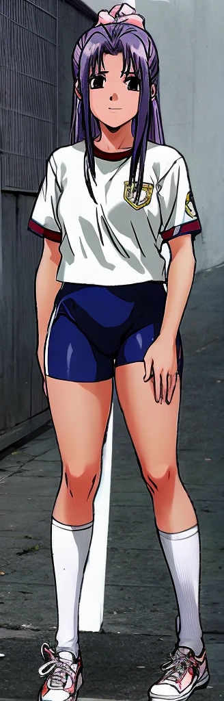 Momoko Koigakubo, a tall girl with beautiful legs, is wearing white gym clothes and light navy blue bloomers that look like panties, and is standing with her legs spread wide and smiling.。
