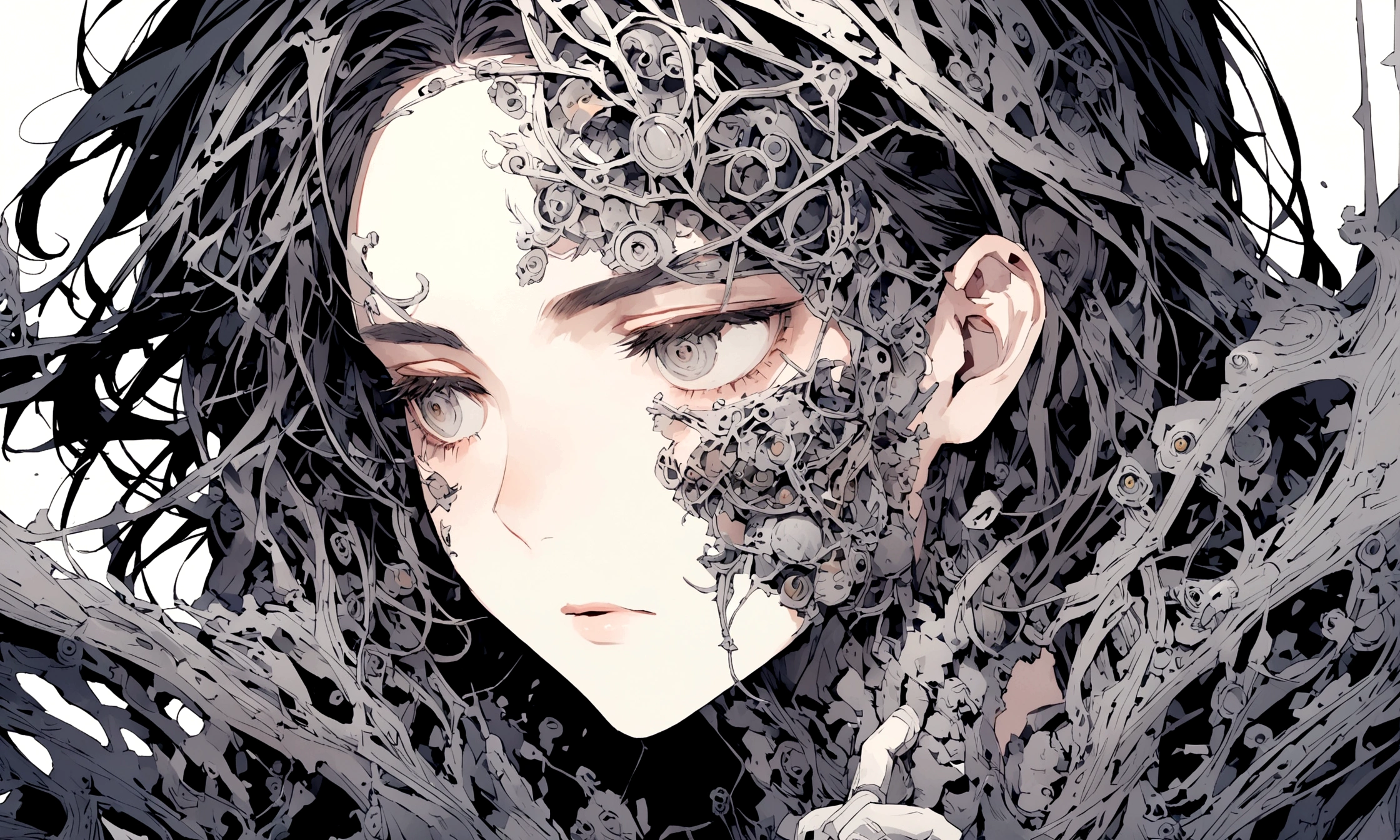 A close-up of the protagonist’s face reveals a mix of concentration and fatigue as they search for solutions online.