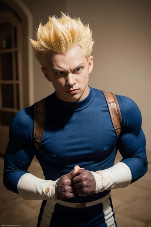 (masterpiece, best quality: 1.2), solo, male focus, 1boy, vegeta, furious, fighting pose, bruised, looking at the viewer, blonde hair spiked, black eyes, armor, white gloves, (ultra realistic , ultra photorealism)