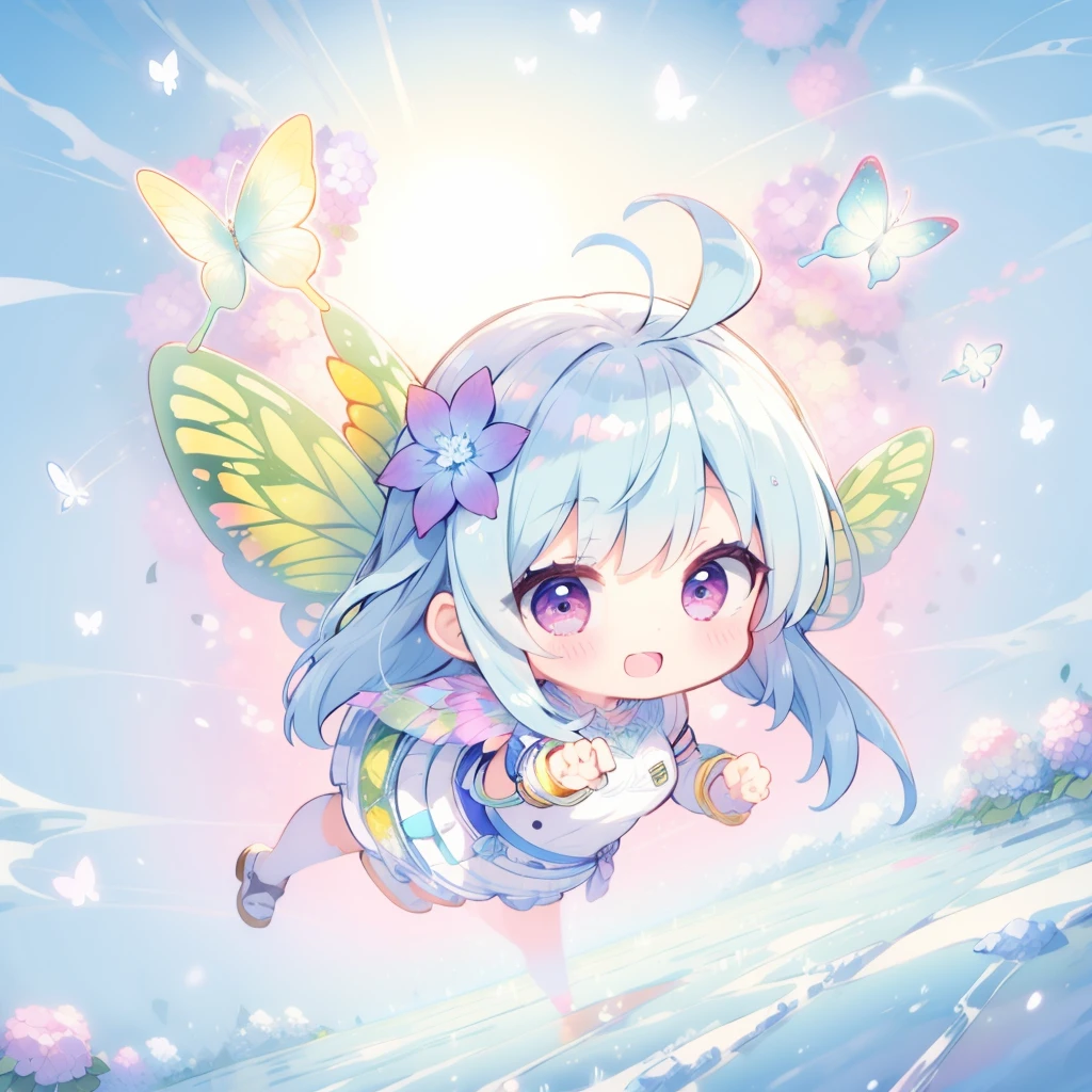 Highest quality,masterpiece,watercolor, Pastel colors, pale color, Lighten the lines, hydrangea,girl, solo, smile, Blue Hair,long hair, ((Butterfly wings)), (Floating in mid-air), flying though the air, Under no gravity, Full body,Surrounded by beautiful nature, (((Chibi Character))), (((Aerial view of hydrangea)))