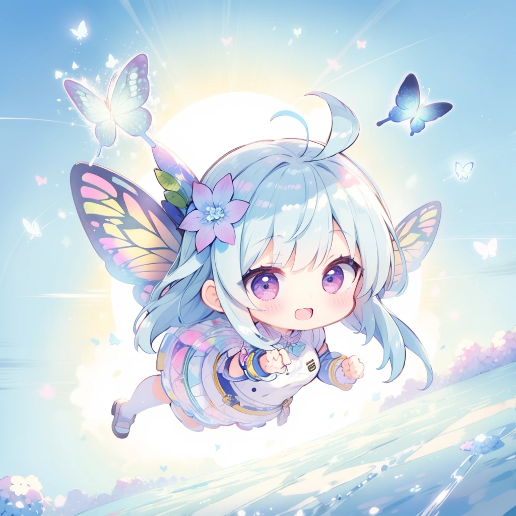 Highest quality,masterpiece,watercolor, Pastel colors, pale color, Lighten the lines, hydrangea,girl, solo, smile, Blue Hair,long hair, ((Butterfly wings)), (Floating in mid-air), flying though the air, Under no gravity, Full body,Surrounded by beautiful nature, (((Chibi Character))), (((Aerial view of hydrangea)))