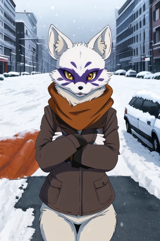 Alopex, arcticfox, tmnt, orange eyes, girl1, solo, snow, city, brown scarf