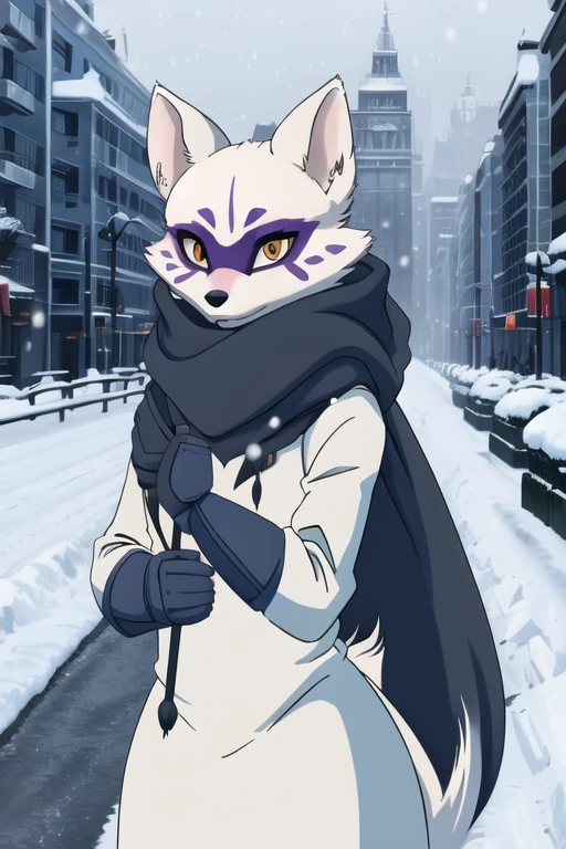 Alopex, arcticfox, tmnt, orange eyes, girl1, solo, snow, city, brown scarf