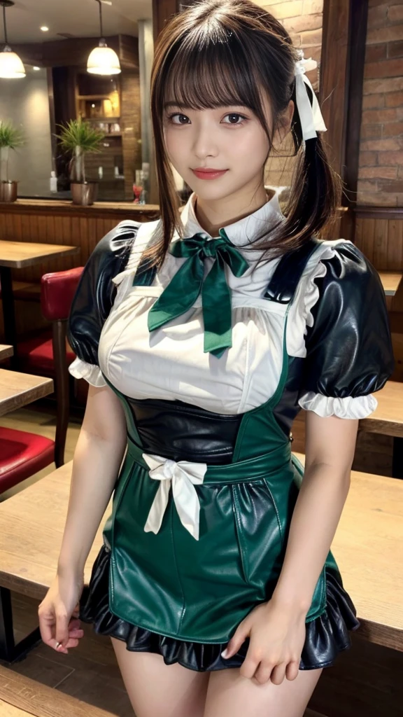 masterpiece, best quality, illustration, Super detailed, fine details, High resolution, 8K,wall paper, perfect dynamic composition, front view, close up, 18 year old girl, Gravure Idol, cute type, (Details High quality, realistic depiction of eyes:1.3), revealing clothes, low ponytail, bangs, black hair color, Dark makeup, Big Natural Color Lip, Emphasize the size of the breast, sexy body, perfect body shape, plump figure, (huge breasts:1.1), Black leather jacket, BREAK (fusion of dirndl and short sleeve white collared-shirt with neck ribbon:1.4), ((A-line, underboobs, puff sleeves):1.3), ((deep-green Pinafore):1.3), thighs skin, Restaurant, Serving customers inside the restaurant.