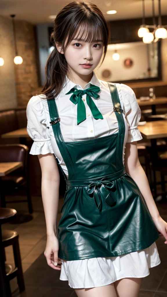 masterpiece, best quality, illustration, Super detailed, fine details, High resolution, 8K,wall paper, perfect dynamic composition, front view, close up, 18 year old girl, Gravure Idol, cute type, (Details High quality, realistic depiction of eyes:1.3), revealing clothes, low ponytail, bangs, black hair color, Dark makeup, Big Natural Color Lip, Emphasize the size of the breast, sexy body, perfect body shape, plump figure, (huge breasts:1.1), Black leather jacket, BREAK (fusion of dirndl and short sleeve white collared-shirt with neck ribbon:1.4), ((A-line, underboobs, puff sleeves):1.3), ((deep-green Pinafore):1.3), thighs skin, Restaurant, Serving customers inside the restaurant.